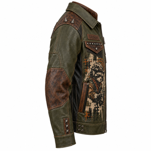 Chaqueta de Cuero Genuino Verde Oliva para Hombre, Estilo Motero con Tachuelas, Estampado Gráfico de Mapache, Abrigo con Tachuelas, Fabricante OEM ODM, Exportación a Granel - Product Image 3