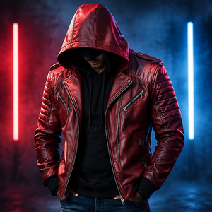 Chaqueta de Moto con Capucha para Hombre, de Cuero PU Rojo, Corte Ajustado, Transpirable, de Secado Rápido, Forro de Lana, Cierre de Cremallera, Estilo Urbano - Product Image 2
