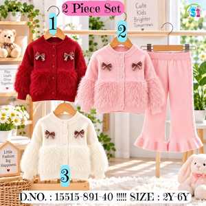 Children's 2-Piece Polyester Knit Sweater Set with Faux <b>Fur</b> <b>Trim</b> in Pink Green Blue Sizes 2Y-6Y - Product Image 2