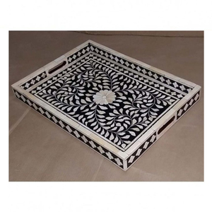 Plateau de service rectangulaire artisanal en nacre incrustée, mosaïque géométrique de coquillages, plateau décoratif pour table basse ou ottoman, vente en gros - Product Image 5