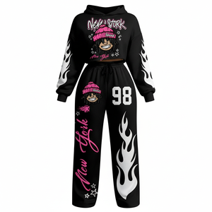 Conjunto de Dos Piezas de Ropa Urbana Ecológica para Mujer, Top Corto y Pantalones Jogger Holgados de Spandex/Poliéster con Diseño de Personajes Impresos con Láser - Product Image 1