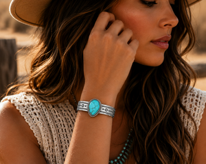 Bracelet manchette goutte d'eau style western, bijou statement en turquoise, réglable, style bohème sud-ouest, fait main pour femme - Product Image 5