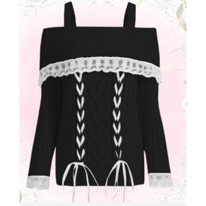 Pulls en tricot à manches longues pour femmes, épaules dénudées, dentelle, avec nœud devant, hauts de style pull, noir, taille S - Product Image 1