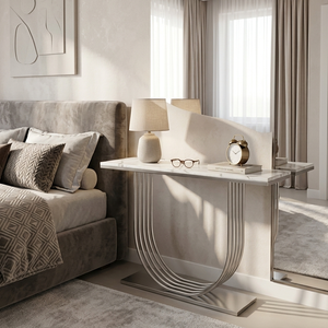 Luxury White <b>Marble</b> <b>Console</b> <b>Table</b> U-Shape Metal Slats Base Modern Narrow Entryway Accent <b>Table</b> for Hotel Lobby - Product Image 4
