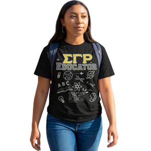 T-shirt graphique Black Educator à imprimé or et bleu, manches courtes, col rond, en coton décontracté, thème éducatif, unisexe, haut d'été - Product Image 1
