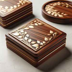 Dessous de verre faits à la main en bois d'acacia Planche carrée éco-élégante inspirée du design rustique protégeant les marques de verre de déversement de café de table - Product Image 2