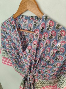 Vintage <b>Boho</b> Floral Block Print Kaftan <b>Dress</b> With Tie Back Loose Fit Short Sleeve Cotton <b>Summer</b> Long <b>Dress</b> - Product Image 2