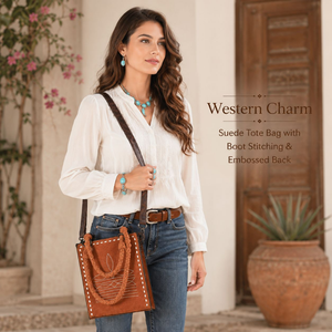 Western Genuine Suede Leather Tote Bag with Braided Handles Embroidered Shoulder Handbag Crossbody <b>Purse</b> for Women everyday use - Product Image 2