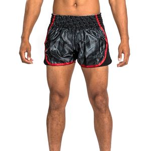 Shorts noirs imprimés pour hommes avec bande latérale rouge, taille élastique, séchage rapide, style sportif, shorts en satin - Product Image 1