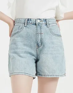 Shorts de mezclilla rectos vintage de verano para mujer, cintura alta, ajuste regular, transpirables, rasgados, de colores, lavados, con borde sin rematar, servicio OEM - Product Image 2