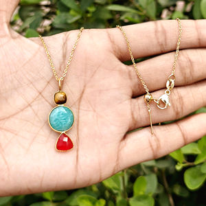Hot selling natural tiger eye amazonite and red jade bezel set pendant necklace brass 18k gold plated triple gemstone necklace - Product Image 4
