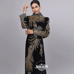 Vestido importado de terciopelo con lentejuelas de cristal y cuentas, largo hasta el suelo, de manga larga, modesto, sencillo, corte en A, ecológico, con sujetador incorporado - Product Image 1