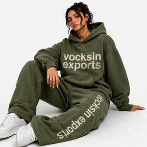 Vocksin Ensemble de survêtement unisexe vert olive, sweat à capuche oversize et pantalon large en coton épais, tenue streetwear premium à séchage rapide - Product Image 6