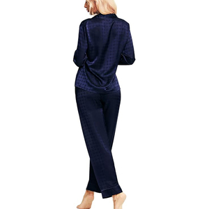Women's Navy Satin <b>Pyjama</b> Set Half Sleeve Full Length Drawstring Solid Breathable Thermal Elegant Sleepwear 100% Silk Turn-down - Product Image 5