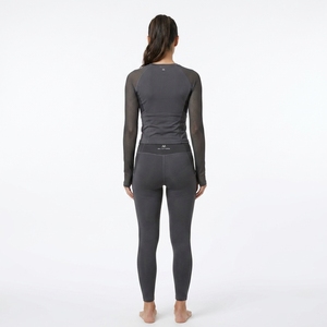 Women Black Long Sleeve Mesh Panel Sports <b>Top</b> <b>and</b> High Waist <b>Leggings</b> Two Piece Yoga Activewear Set - Product Image 2