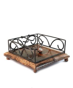 Boîte à mouchoirs en bois et métal, porte-serviettes décoratif en métal avec couvercle pour hôtel, bar, table à manger - Product Image 2