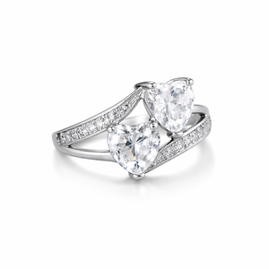 Nouvelle bague de promesse en argent sterling et or blanc 14 carats avec double cœur et diamant de laboratoire, bague à sangle croisée avec diamant de laboratoire, cadeau de Saint-Valentin - Product Image 1