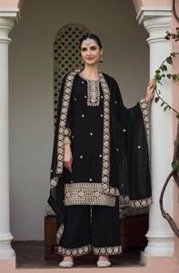 Traje Moderno Semisentado de Faux Georgette para Mujer con Bordado y Lentejuelas para Bodas, Fiestas, Diwali y Graduaciones - Product Image 4