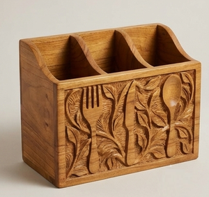 Grand porte-ustensiles en bois sculpté en teck et acacia, organisateur d'ustensiles de cuisine, vente en gros - Product Image 1