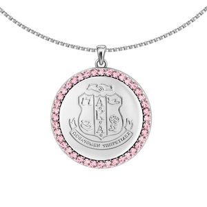 Silver Round Medallion Pendant <b>Necklace</b> with Pink Crystal Halo Fine Chain Elegant <b>Statement</b> Jewelry for Women Fashion Party - Product Image 4