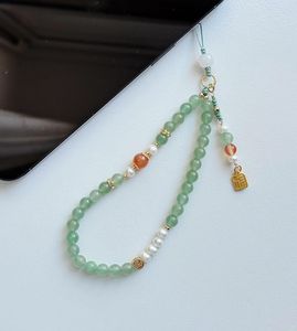 Eco-Friendly Green Jade Bead Phone Strap Pearl Orange Stone Charm Alloy <b>Keychain</b> Handmade Classic Modern Design Lightweight - Product Image 5