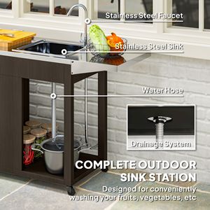 Tavolo Laterale Pieghevole con Mobiletto per Cucina Esterna, con Lavello in Acciaio Inox e Griglia di Drenaggio, Carrello per Barbecue all'Aperto - Product Image 4