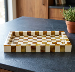Checkered Rectangular Serving Tray With Gold Watch And Chain On Wooden Table - Product Image 3