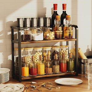 2 Tier Metal Kitchen Countertop Storage Rack Organizer with Wooden Shelves Multi Purpose <b>Spice</b> Rack Seasoning <b>Jar</b> Holder cabinet - Product Image 1