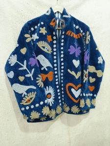 Blue <b>Velvet</b> Embroidered Floral Suzani Jacket <b>Women</b> Y2K Stand Collar <b>Coat</b> 100% Cotton Windproof Breathable - Product Image 3