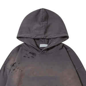 Sweat à capuche oversize pour homme, style streetwear, vintage, délavé, effet usé, déchiré, en coton 100% épais, délavé à l'acide, personnalisable, vierge - Product Image 3