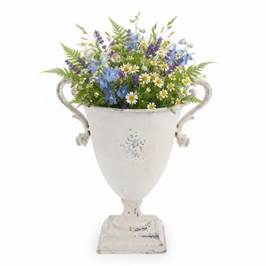 Vintage Distressed White Metal Urn Vase Rustic Farmhouse <b>Table</b> Centerpiece with <b>Side</b> Handles and Wildflower Bouquet Arrangement - Product Image 1