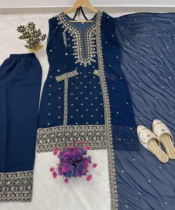 Boutique Collection Designer Kurti Sharara Dupatta <b>Set</b> Premium Fancy Ethnic Wear Boutique Fashion 81038 ASTHA- AC-7084 7094 Blue - Product Image 3