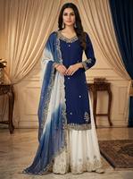 Ensemble de costume ethnique en crêpe français pur naturel pour femmes avec broderie de designer, paillettes et dupatta à imprimé numérique