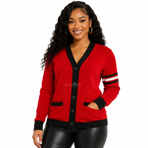 Cardigan en tricot rouge à col en V de la sororité Cosh International Acrylic Sisterhood avec des rayures noires et blanches élégantes et écologiques - Product Image 1