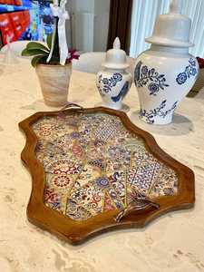 Contemporary Handmade <b>Wooden</b> <b>Serving</b> <b>Tray</b> With Hand painted Oriental Tile Pattern Bohemian Design Irregular Shape Decorative UO - Product Image 2