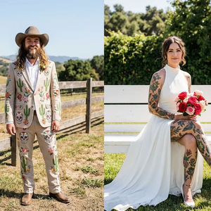 Traje de boda occidental beige bordado para hombre – Blazer con diseño de arte floral y de cactus con pantalones a juego para el novio - Product Image 1