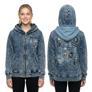 Sudadera con Capucha Gris Oscuro para Mujer, con Lavado Ácido, Diseño Gráfico de Calavera Ensangrentada Personalizado, Sudadera de Forro Polar Grueso con Efecto Desgastado, Ropa Urbana Gótica - Product Image 4