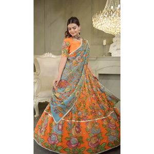 DISEÑADOR CREPÉ KALAMKARI ESTAMPADO TRABAJO LEHENGA CHOLI CON DUPATTA NARANJA - Product Image 1