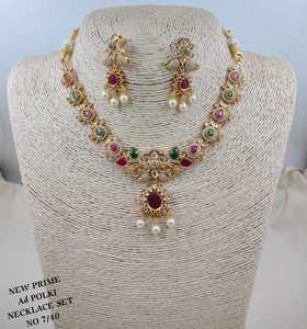Luxury <b>Ruby</b> AD Polki <b>Necklace</b> Set with Pear Cut Floral Pendant Gold Finish Wedding Party Jewelry for Women Set - Product Image 2