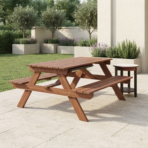 Outdoor Solid Teak Wood Picnic <b>Table</b> Set with Attached <b>Benches</b> Rustic <b>Garden</b> Furniture for Backyard Patio Seating Capacity 4 - Product Image 3