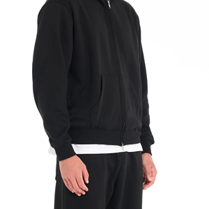 <b>Men's</b> Black Hooded Zip-Up Sweatshirt Full Sleeve Solid Color Casual Tracksuit Top with Side Pockets Regular Fit Midweight Cotton - Product Image 4