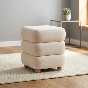 Cream Boucle Square Ottoman <b>Stool</b> Soft Upholstered Footrest with Wooden Legs Modern Seating for Living Room <b>Bedroom</b> Decor - Product Image 1
