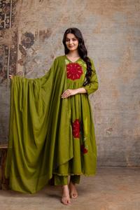 Elegant Mehendi Green Mul Cotton Anarkali <b>Kurta</b> Pant Dupatta Set with Red Floral Applique for <b>Women</b> Ethnic Occasion Wear - Product Image 2