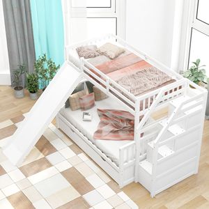 Lit superposé multifonctionnel double sur grand lit avec tiroirs de rangement et glissière, lits pour enfants blancs - Product Image 3