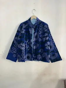 <b>Women</b> Blue Floral Velvet <b>Jacket</b> Boho Printed Short Coat Vintage Style <b>Lightweight</b> Ethnic Outerwear - Product Image 2