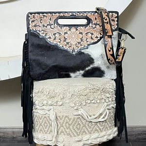 Bolso bandolera de cuero repujado a mano estilo occidental con cremallera y flecos, y cartera plegable tipo clutch, conjunto de dos piezas para mujer - Product Image 6