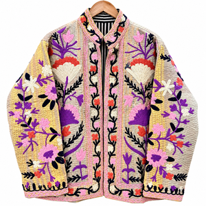 Hand <b>Embroidered</b> Suzani Quilted <b>Jackets</b> <b>for</b> <b>Women</b>, Colorful Floral Boho Ethnic Outerwear with Striped Lining - Product Image 1