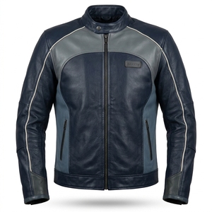 Blouson de motard en cuir bicolore gris marine personnalisé pour homme, avec col à boutons-pression, empiècement contrastant, patch bouclier, ceinture à boucle latérale - Product Image 1