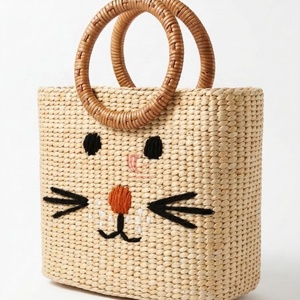 Bolso Tote Tejido con Diseño de Cara de Gato de Dibujos Animados, Asas Redondas de Madera, Color Beige, Estilo Casual para Uso Diario y Viajes - Product Image 1