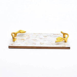 Bandeja de servir redonda de lujo con incrustaciones de nácar, plato decorativo de mosaico de conchas hecho a mano con asas para mesa de centro o otomana - Product Image 5